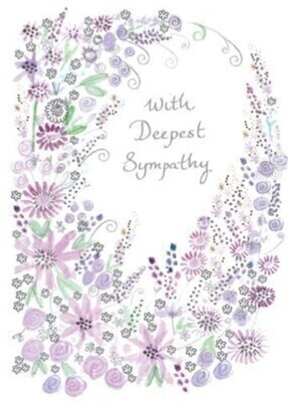 With Deepest Sympathy Card by Paper Rose This Sympathy greetings card features pale lilac flowers on a white backdrop and With Deepest Sympathy in silver written on the front.  This thoughful card is ideal to send to someone who has lost someone special and has With Sincere and Heartfelt Sympathy in Your Time of Sorrow written inside. It comes complete with an envelope and is a lovely card from Paper Rose.